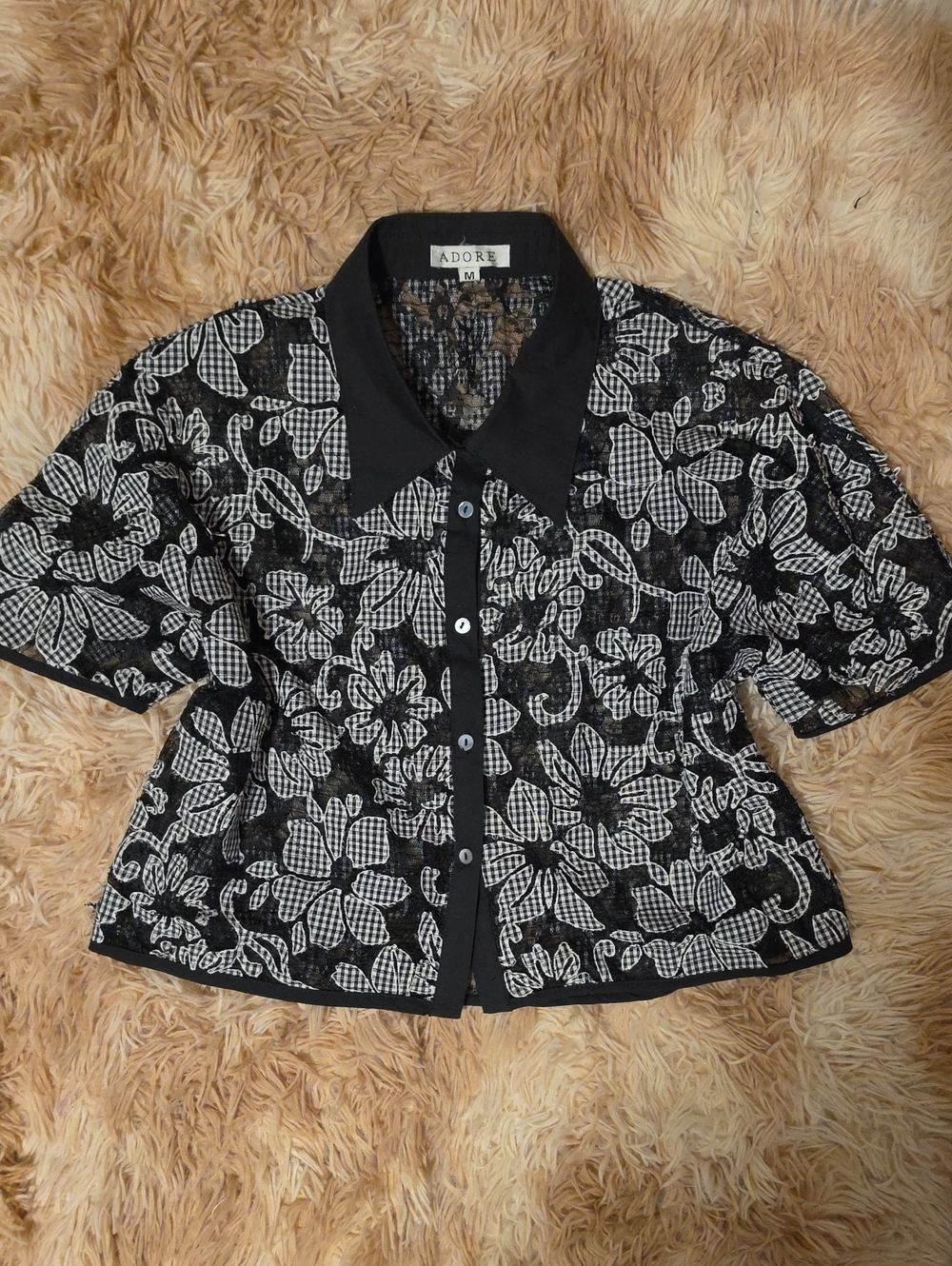 Adore Black & White Floral Sheer Cropped Top Medium